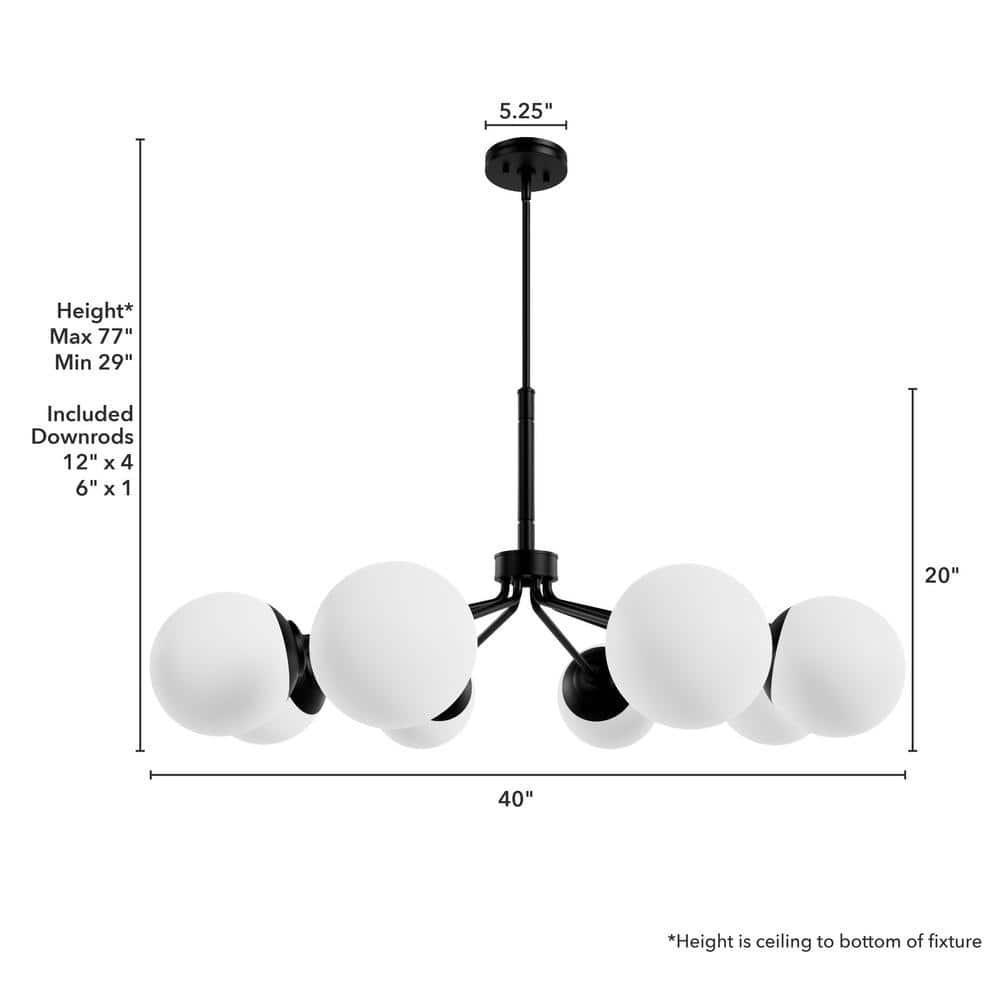 Hunter Hepburn 8-Light Matte Black Branched Chandelier with Cased White Glass Shades