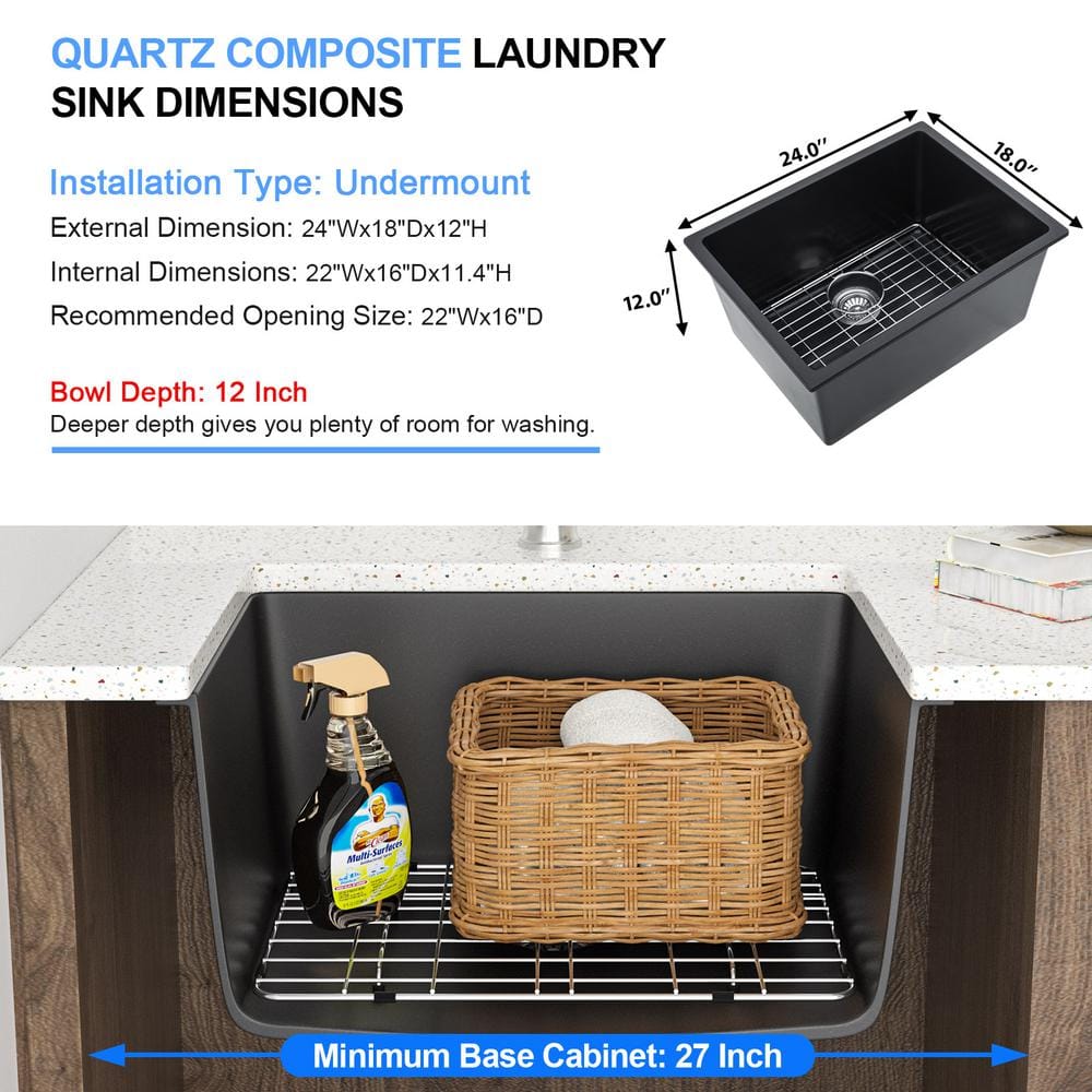 LORDEAR 24 in. W x 18 in. D x 12 in. H Matte Black Single Bowl Quartz Composite Undermount Laundry/Utility Sink