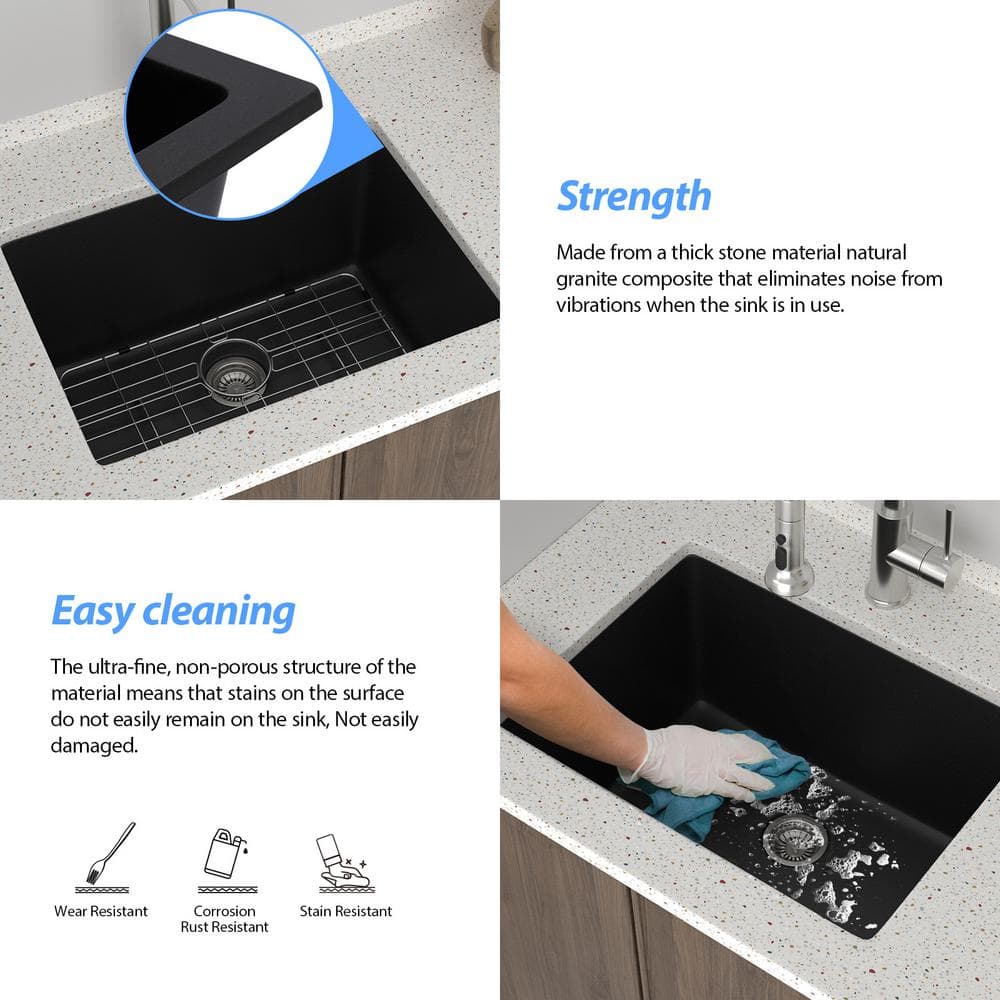 LORDEAR 24 in. W x 18 in. D x 12 in. H Matte Black Single Bowl Quartz Composite Undermount Laundry/Utility Sink