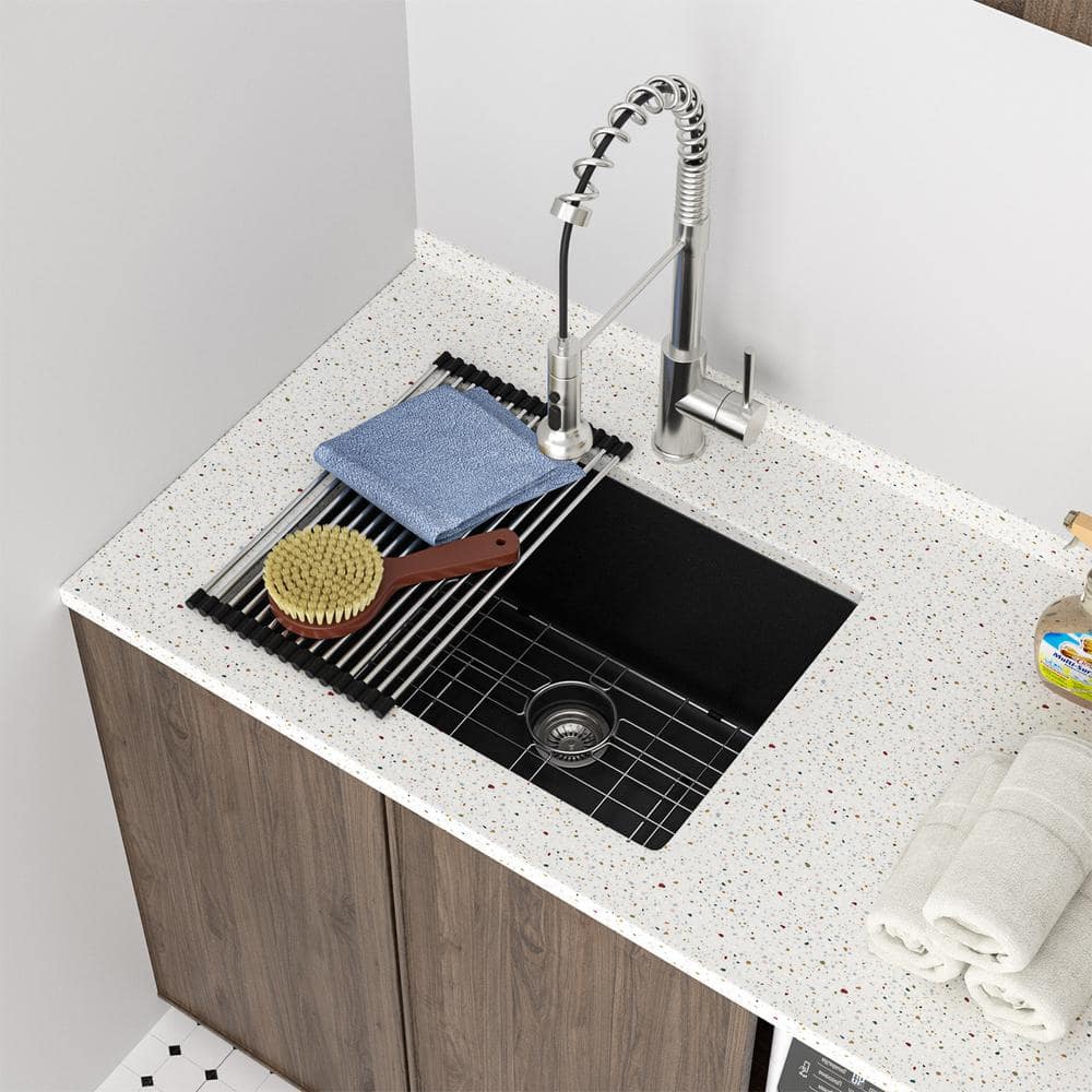 LORDEAR 24 in. W x 18 in. D x 12 in. H Matte Black Single Bowl Quartz Composite Undermount Laundry/Utility Sink