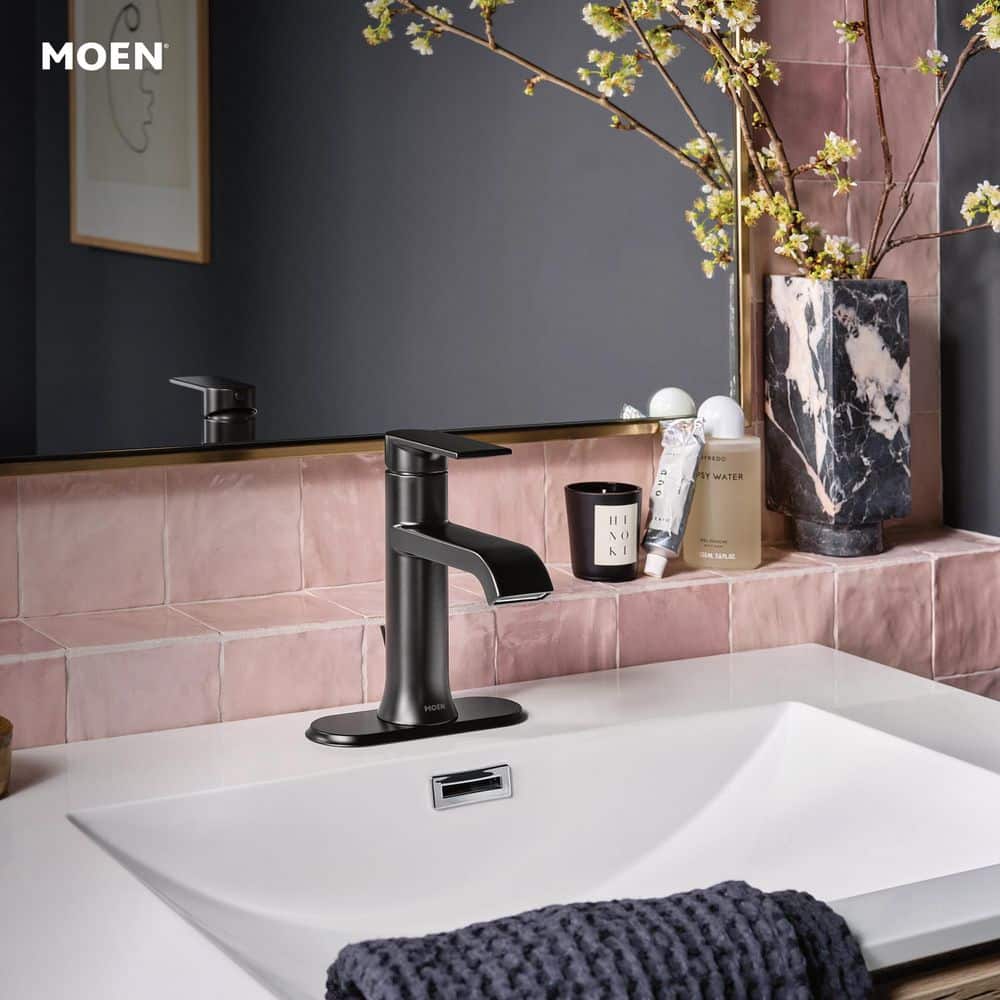 Moen Genta Single Handle Single Hole Bathroom Faucet with Drain Kit, Matte Black