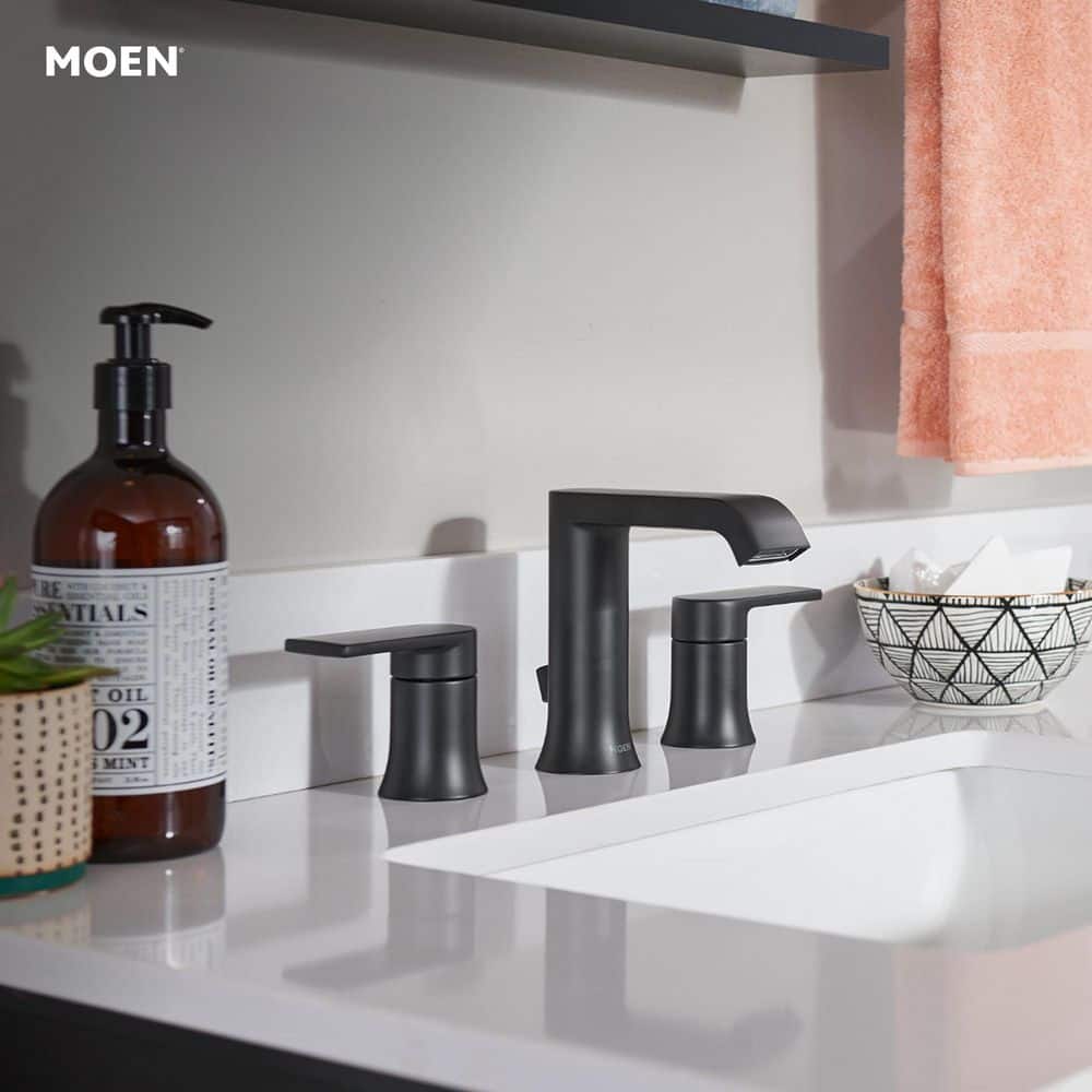 Moen Genta 8 in. Widespread 2-Handle Bathroom Faucet with Drain and Valve in Matte Black