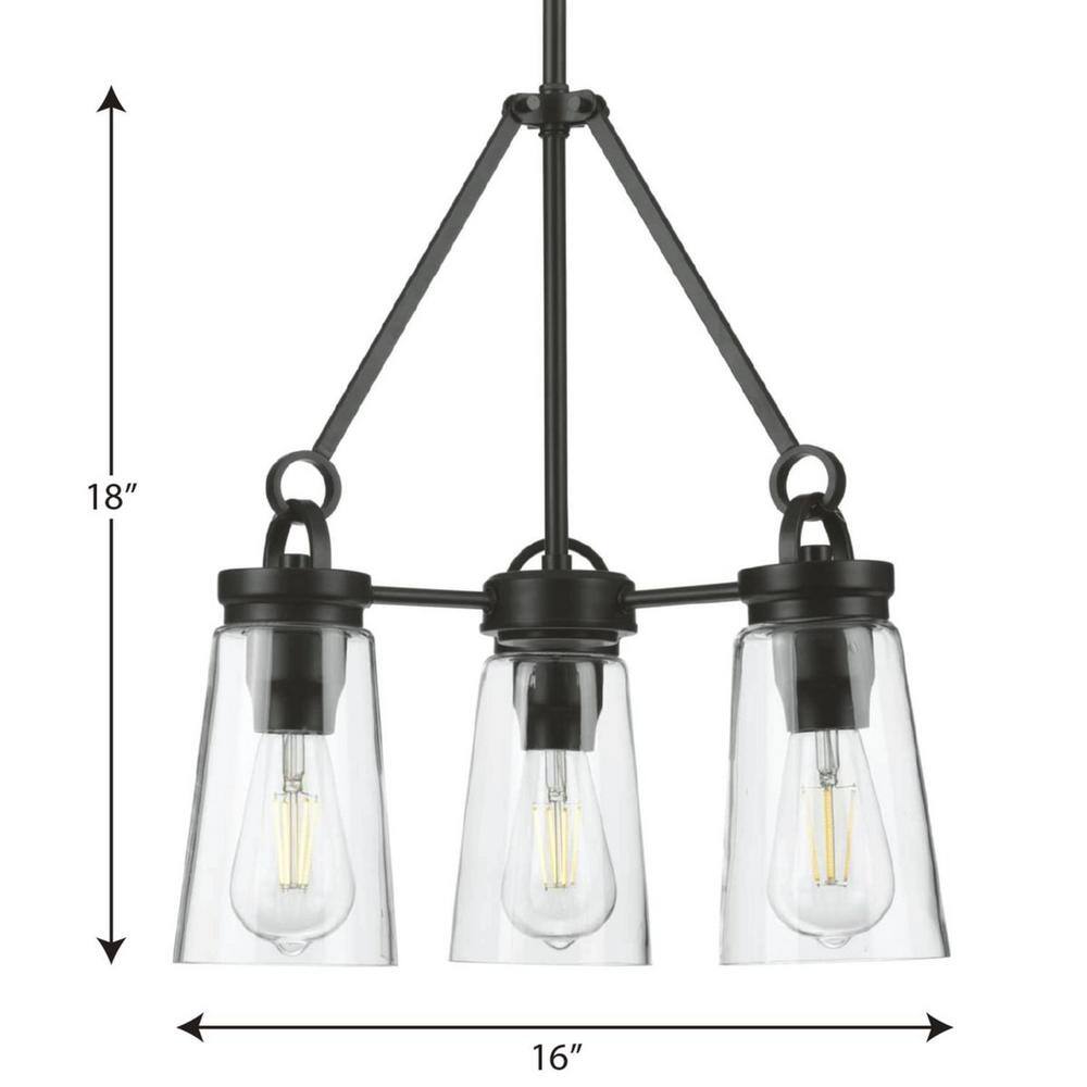 Progress Lighting Stockbrace 3-Light Matte Black Clear Glass Farmhouse Chandelier Light