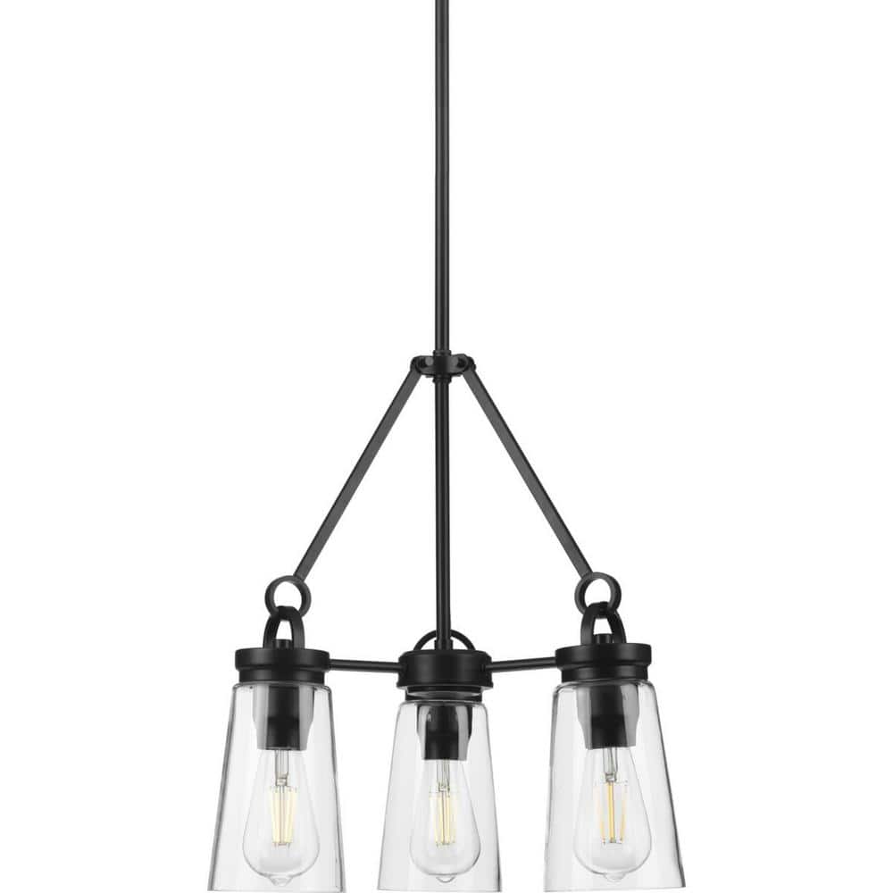 Progress Lighting Stockbrace 3-Light Matte Black Clear Glass Farmhouse Chandelier Light