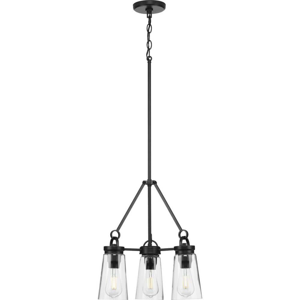 Progress Lighting Stockbrace 3-Light Matte Black Clear Glass Farmhouse Chandelier Light