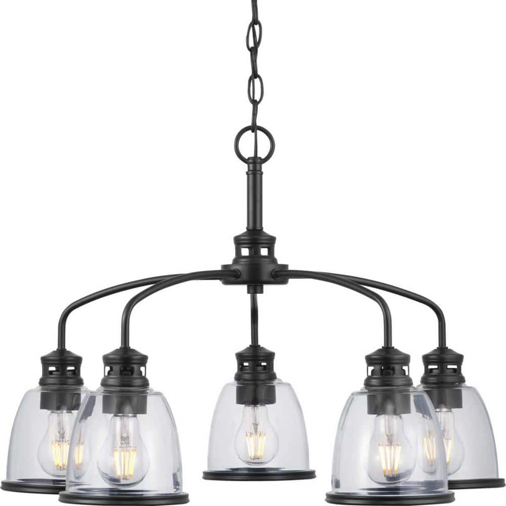 Progress Lighting Pelzer 5-Light Matte Black Chandelier with Clear Glass Shades