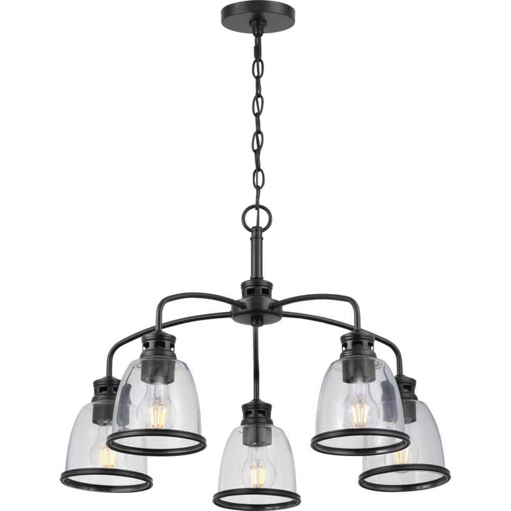 Progress Lighting Pelzer 5-Light Matte Black Chandelier with Clear Glass Shades