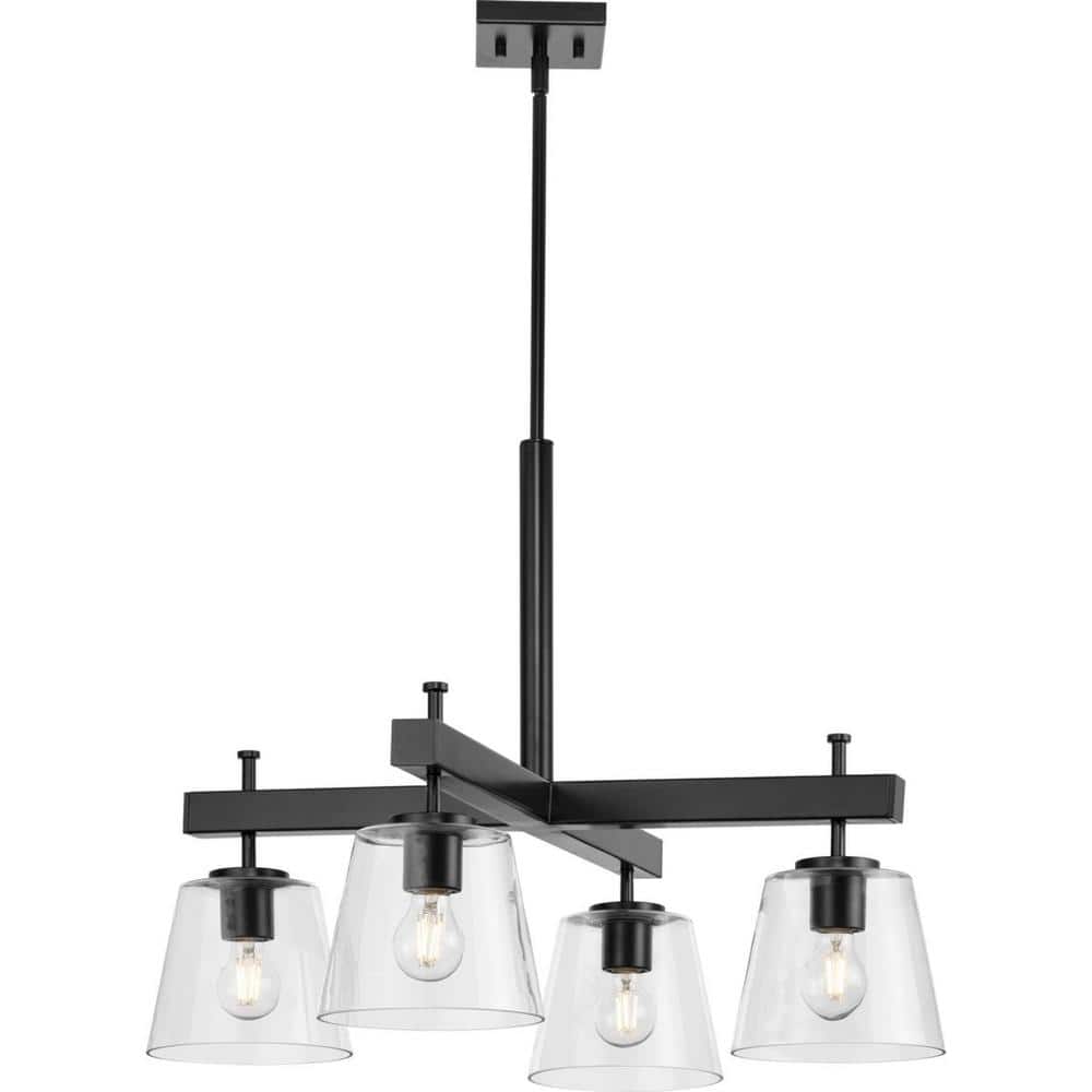 Progress Lighting Saffert 29.38 in. 4-Light Matte Black with Clear Glass Shades New Traditional Chandelier for Dining Room
