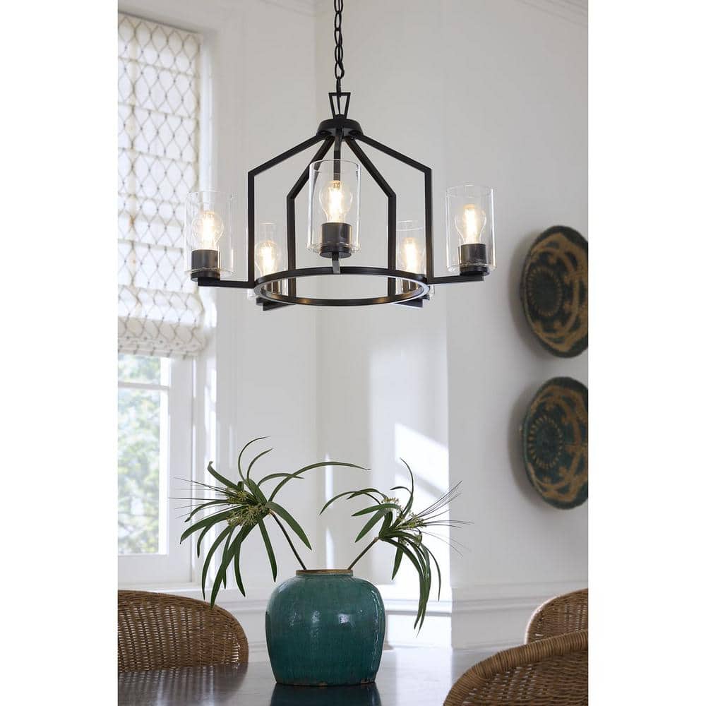 Progress Lighting Goodwin 24 in. 5-Light Matte Black Modern Farmhouse Chandelier with Clear Glass Shade