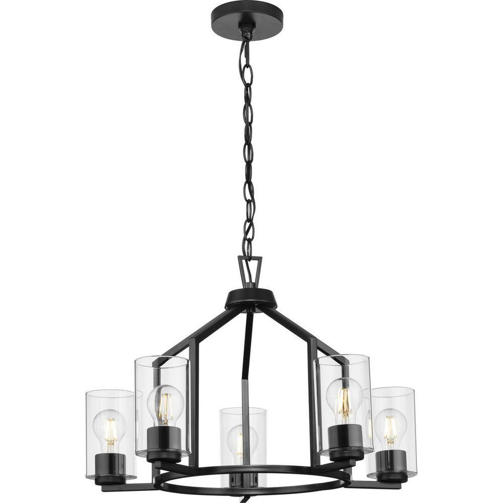 Progress Lighting Goodwin 24 in. 5-Light Matte Black Modern Farmhouse Chandelier with Clear Glass Shade