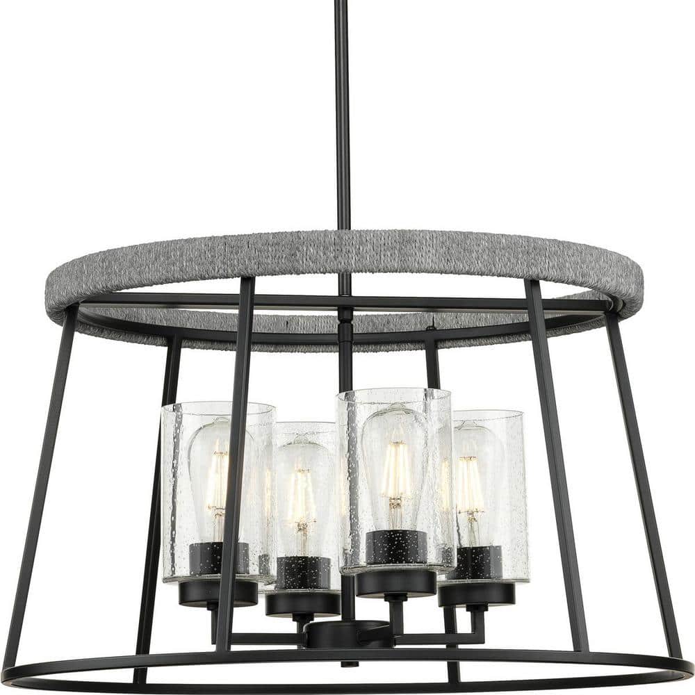 Progress Lighting Laramie Collection 4-Light Matte Black Rustic Modern Clear Seeded Glass Chandelier