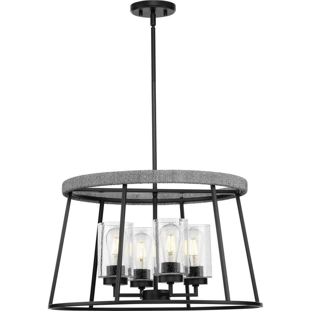 Progress Lighting Laramie Collection 4-Light Matte Black Rustic Modern Clear Seeded Glass Chandelier