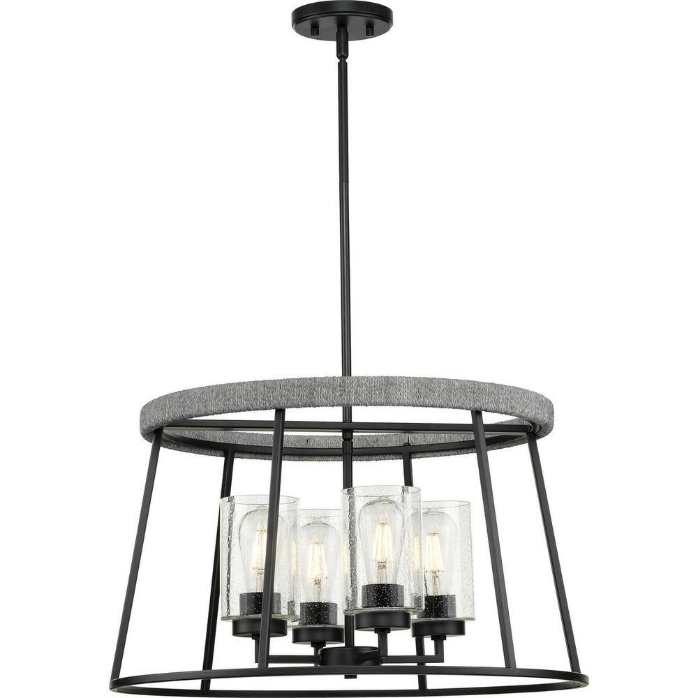 Progress Lighting Laramie Collection 4-Light Matte Black Rustic Modern Clear Seeded Glass Chandelier