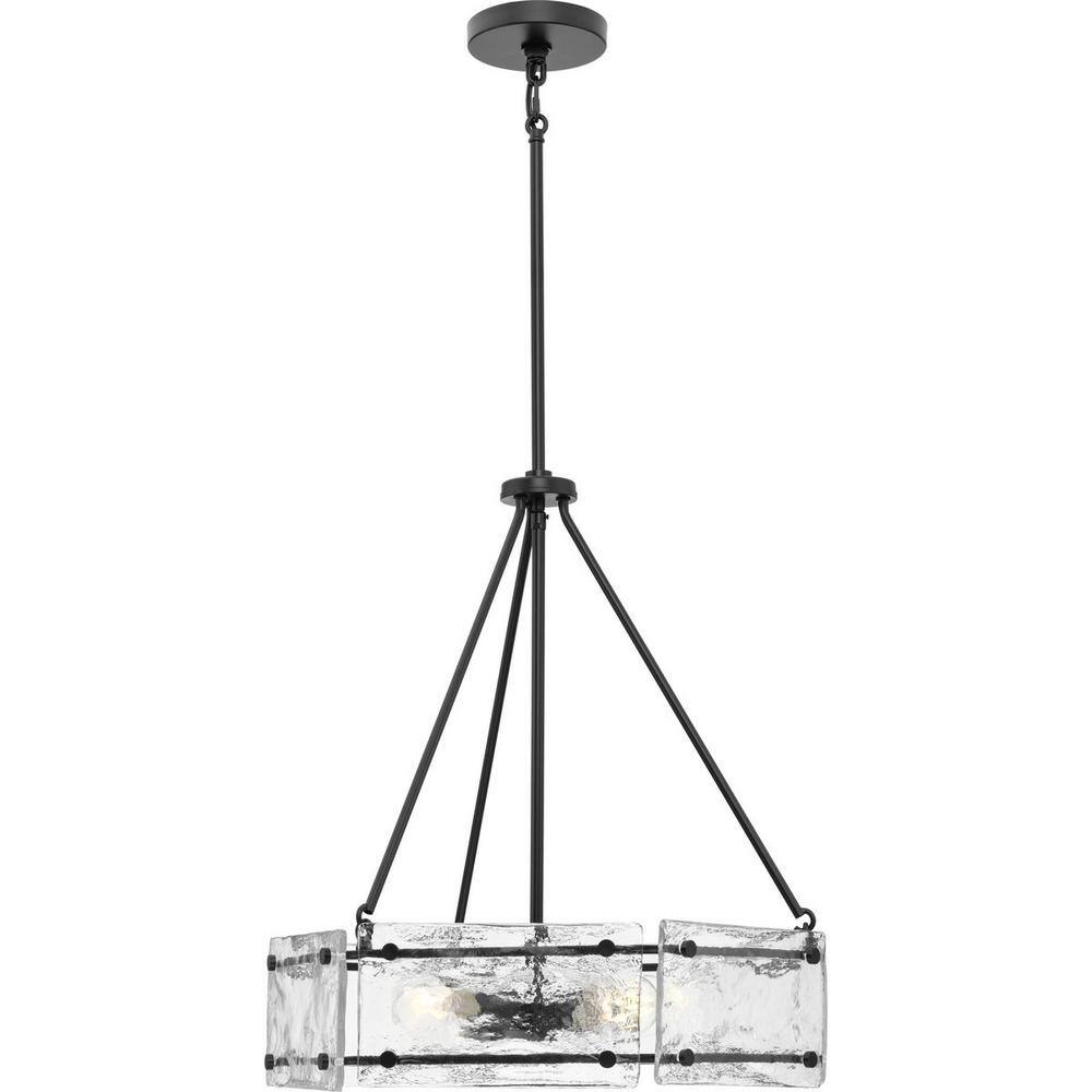 Progress Lighting Rivera 20.5 in. 4-Light Matte Black Luxe Industrial Chandelier with Textured Glass