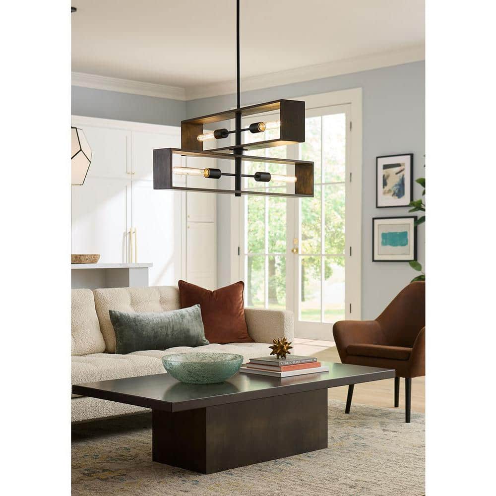 Progress Lighting Boundary 30 in. 4-Light Matte Black Contemporary Chandelier for Dining Rooms, Great Rooms, Bedrooms with Chicory Accents