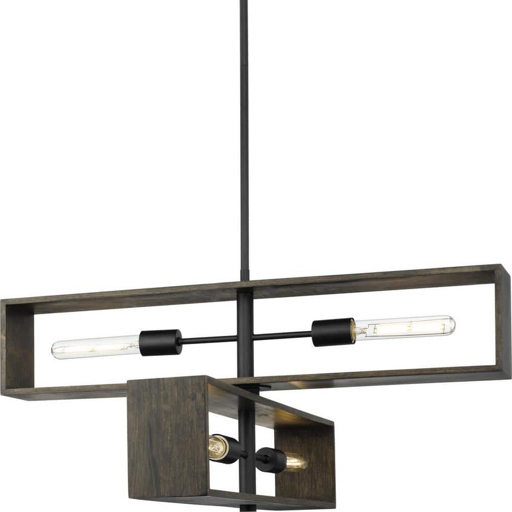 Progress Lighting Boundary 30 in. 4-Light Matte Black Contemporary Chandelier for Dining Rooms, Great Rooms, Bedrooms with Chicory Accents