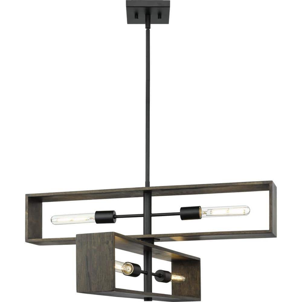 Progress Lighting Boundary 30 in. 4-Light Matte Black Contemporary Chandelier for Dining Rooms, Great Rooms, Bedrooms with Chicory Accents