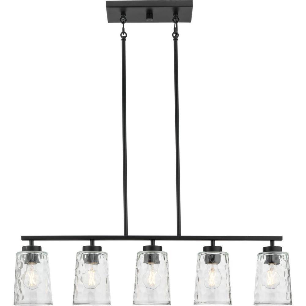 Progress Lighting Mauzy Collection 5-Light Matte Black Transitional Linear Chandelier with Clear Water Glass Shade for Dining Room