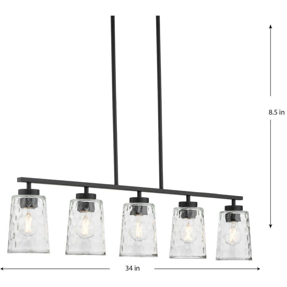 Progress Lighting Mauzy Collection 5-Light Matte Black Transitional Linear Chandelier with Clear Water Glass Shade for Dining Room