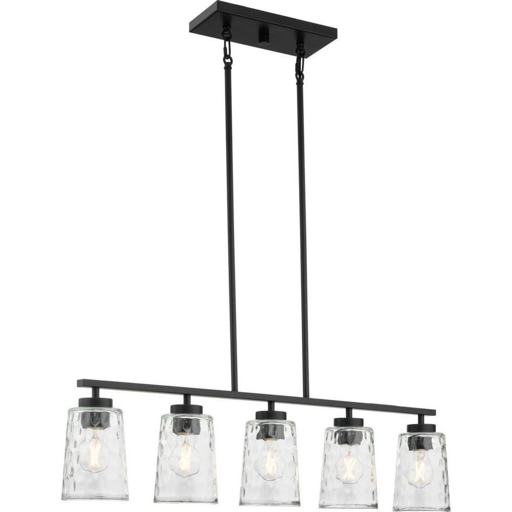 Progress Lighting Mauzy Collection 5-Light Matte Black Transitional Linear Chandelier with Clear Water Glass Shade for Dining Room