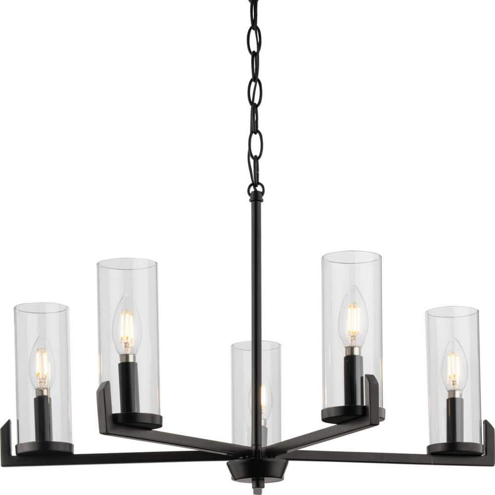 Progress Lighting Pellum Collection 25 in. 5-Light Matte Black Modern Traditional Chandelier for Dining Room