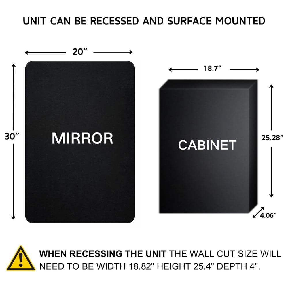 TEHOME Garnes 20 in. W x 30 in. H Rectangular Recessed or Surface Mount Metal Framed Medicine Cabinet with Mirror in Black