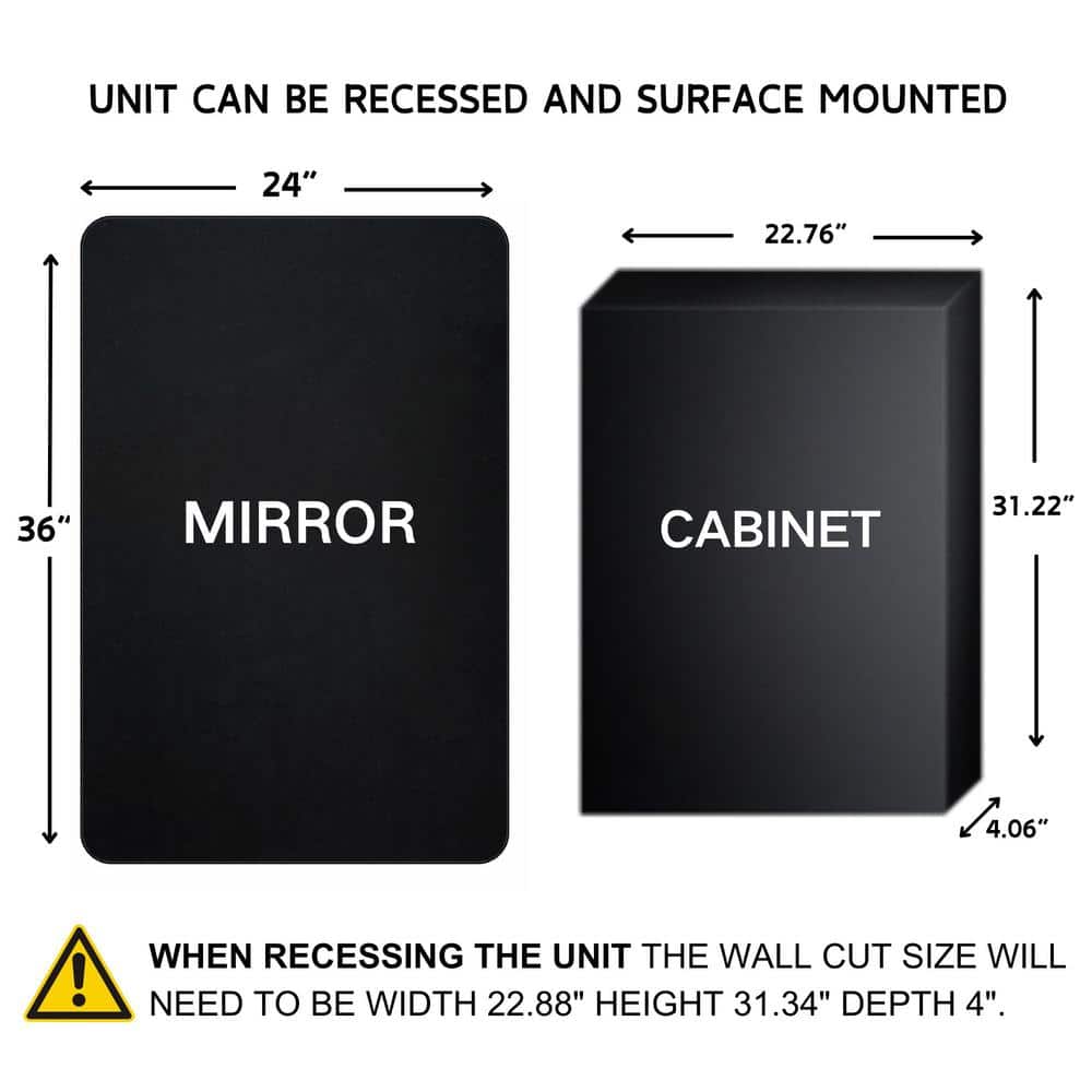 TEHOME Garnes 24 in. W x 36 in. H Rectangular Recessed or Surface Mount Metal Framed Medicine Cabinet with Mirror in Black