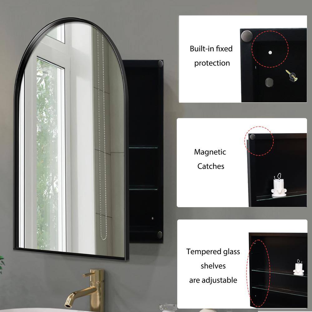 Tenleaf 24.00 in. W x 35.80 in. H Arched Metal Medicine Cabinet with Mirror, Wall Cabinet with Adjustable Shelves, Matte Black