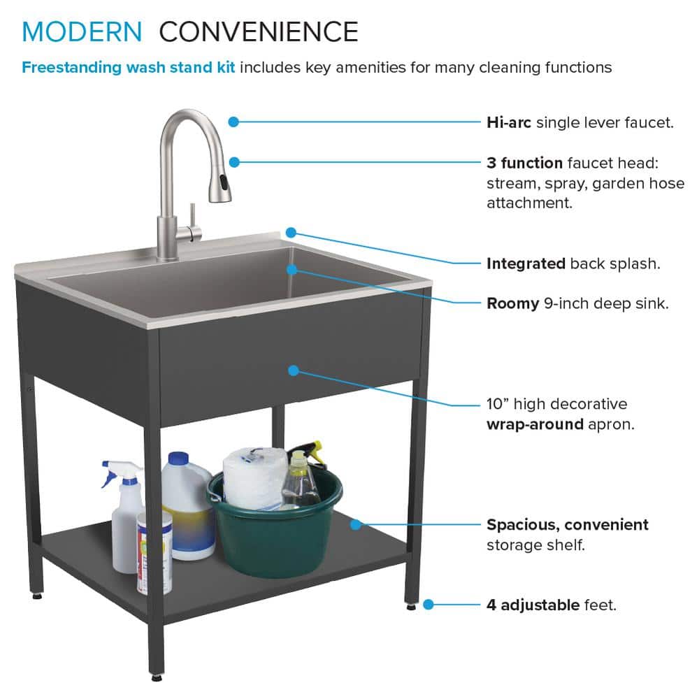 Transolid 18 Gal Matte Black Freestanding Laundry Sink with Cabinet and Faucet