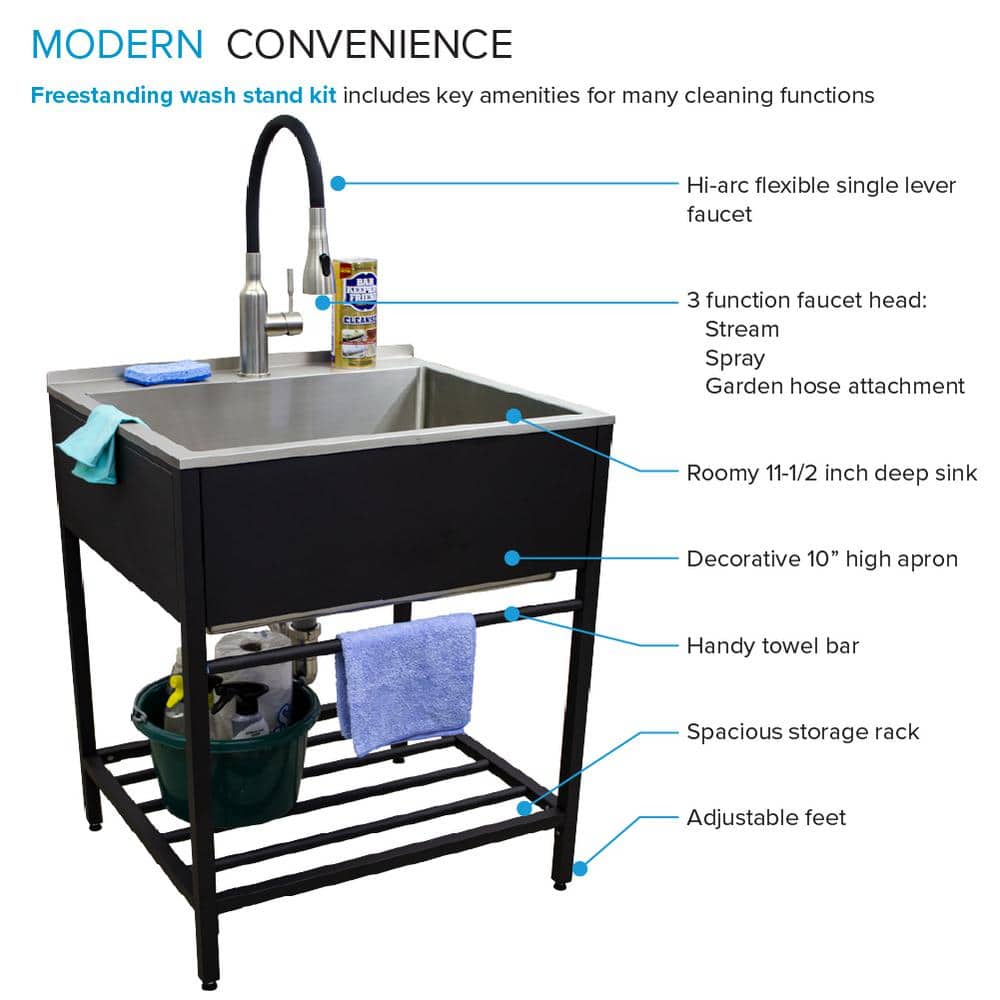 Transolid Stainless Steel Apron-Front Utility Sink with Matte Black Wash Stand