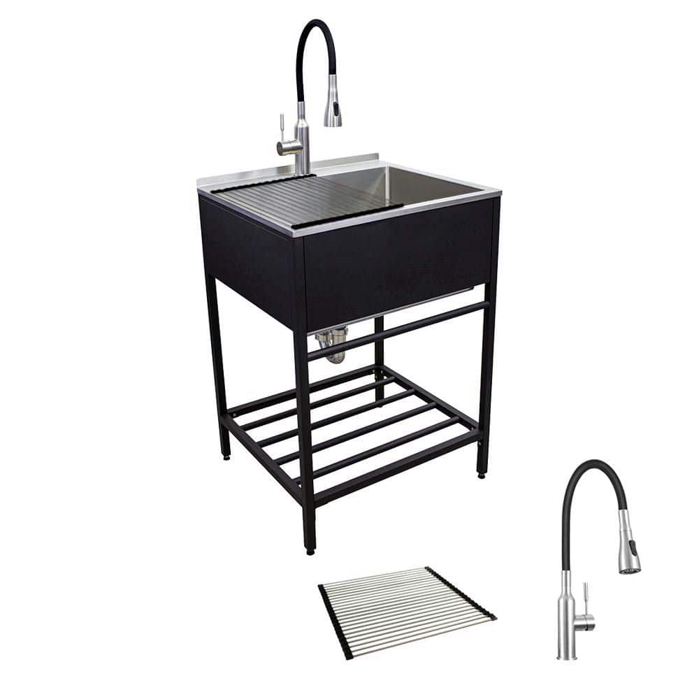 Transolid Stainless Steel Apron-Front Utility Sink with Matte Black Wash Stand