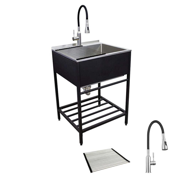 Transolid Stainless Steel Apron-Front Utility Sink with Matte Black Wash Stand