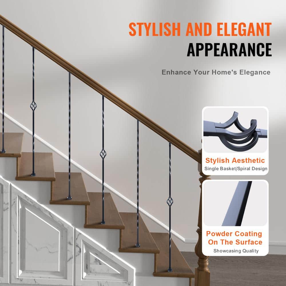 VEVOR 44 in. H x 2.2 in. W Black Galvanized Steel Spindles Stair Railing Kit Deck Baluster with Hollow Single Baskets