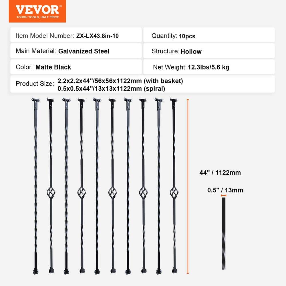 VEVOR 44 in. H x 2.2 in. W Black Galvanized Steel Spindles Stair Railing Kit Deck Baluster with Hollow Single Baskets