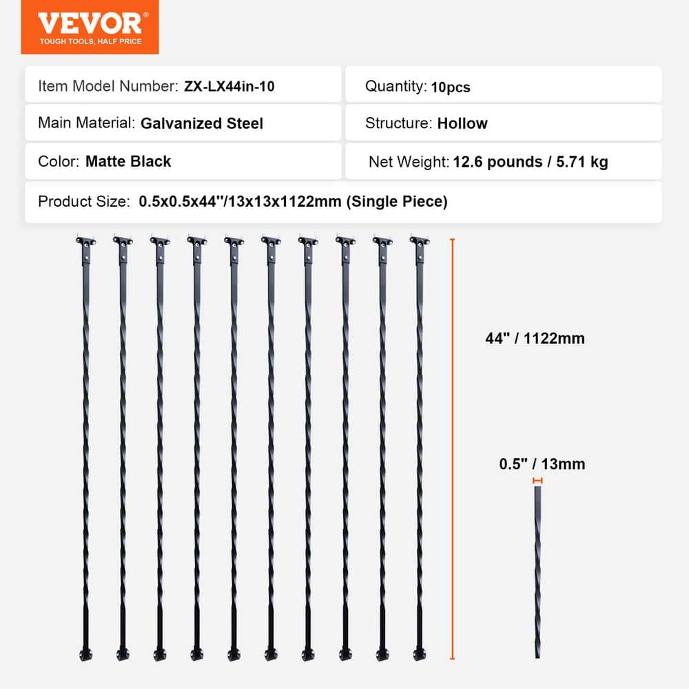 VEVOR Staircase Metal Balusters 44 in. Hx 0.51 in. W Black Galvanized Steel Stair Railing Kit Deck Baluster (10-Pack)