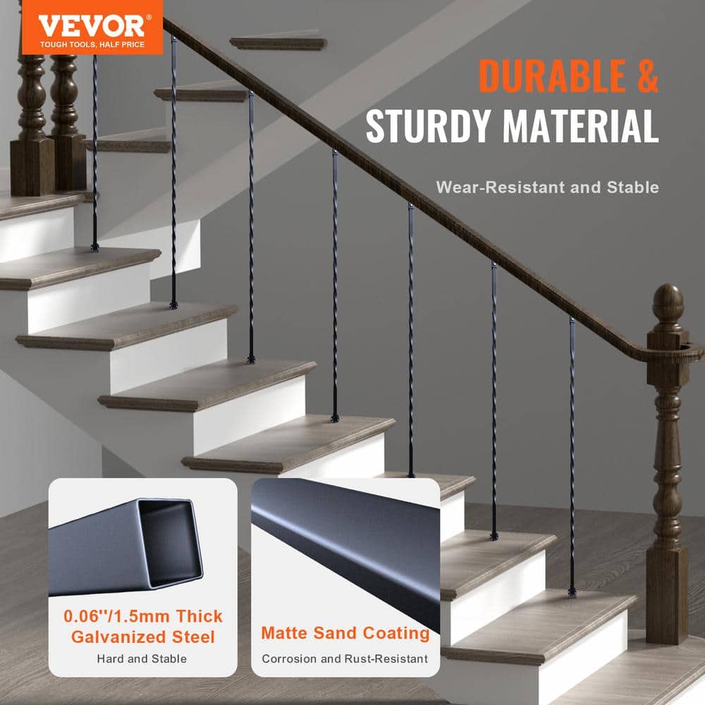 VEVOR Staircase Metal Balusters 44 in. Hx 0.51 in. W Black Galvanized Steel Stair Railing Kit Deck Baluster (10-Pack)