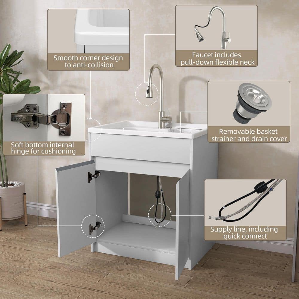 Getpro 30 in. Freestanding Solid Surface Laundry Utility Sink with Faucet and Cabinet