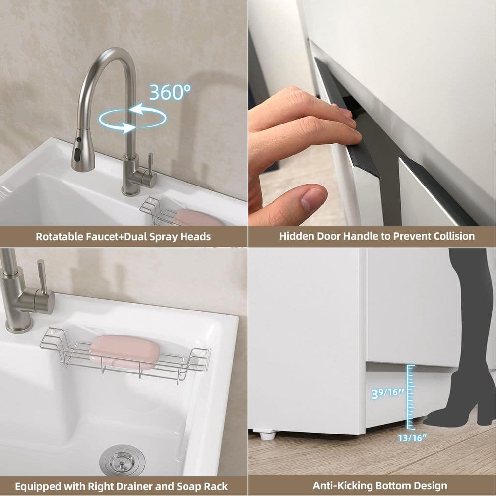 Getpro 30 in. Freestanding Solid Surface Laundry Utility Sink with Faucet and Cabinet