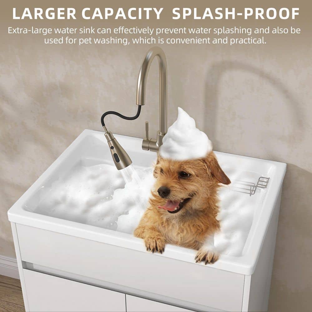 Getpro 30 in. Freestanding Solid Surface Laundry Utility Sink with Faucet and Cabinet