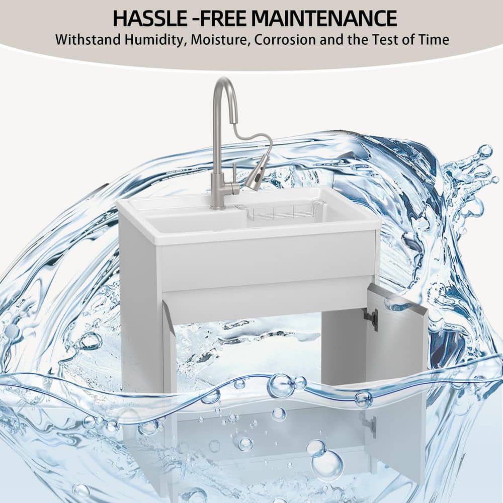 NTQ 30 in. Solid Surface Laundry/Utility Sink & Cabinet with Stainless Steel Faucet