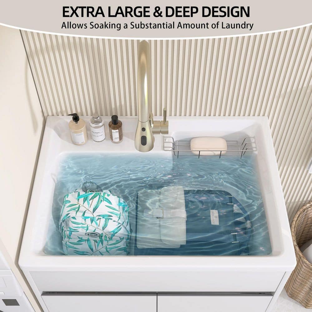NTQ 30 in. Solid Surface Laundry/Utility Sink & Cabinet with Stainless Steel Faucet