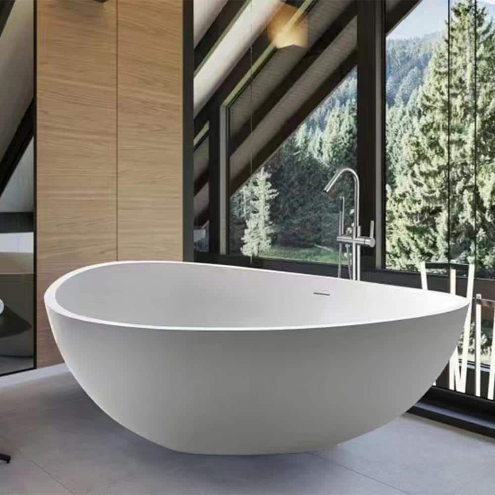 Vanity Art 63 in. L x 37.4 in. W Soaking Freestanding Stone Bathtub with Center Drain in White
