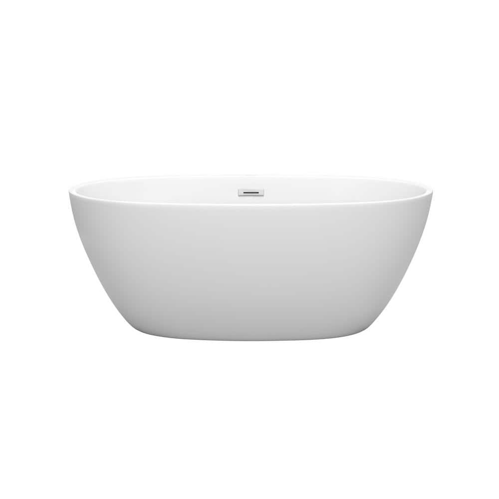 Wyndham Collection Juno 59 in. Acrylic Freestanding Bathtub, Matte White with Chrome Trim