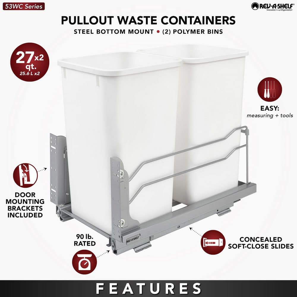 Rev-A-Shelf 27-Quart Double Pull-Out Trash Can, Soft-Close, 11.01 in W x 22.09 in D x 18.94 in H