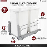 Rev-A-Shelf 27-Quart Double Pull-Out Trash Can, Soft-Close, 11.01 in W x 22.09 in D x 18.94 in H