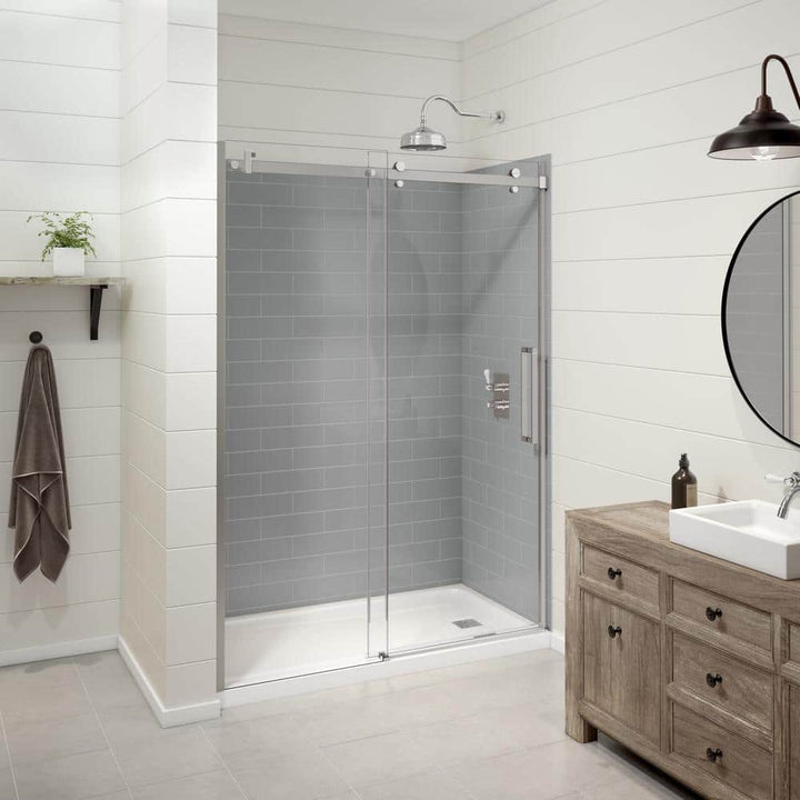 Utile Metro 32 in. x 60 in. x 83.5 in. Alcove Shower Stall in Ash Grey with Left Drain Base in White