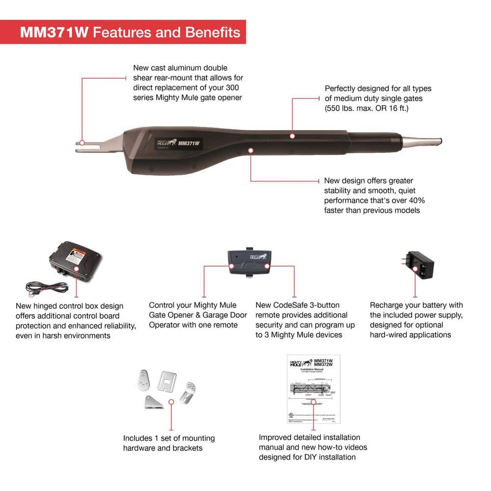 Mighty Mule Medium Duty Single Swing Gate Opener Smart and Solar Capable