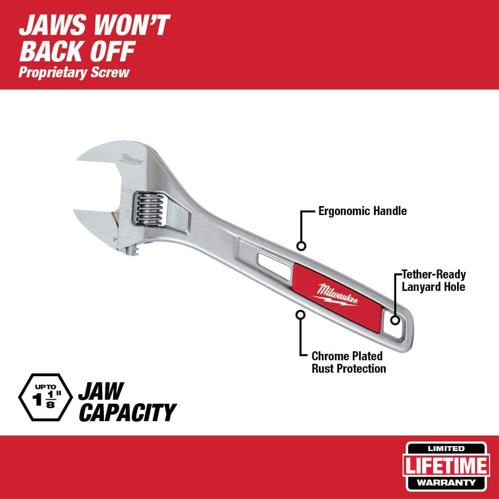 Milwaukee 48-22-7408 8 in. Adjustable Wrench, Chrome-Plated Steel, 1-1/8 in. Jaw Capacity