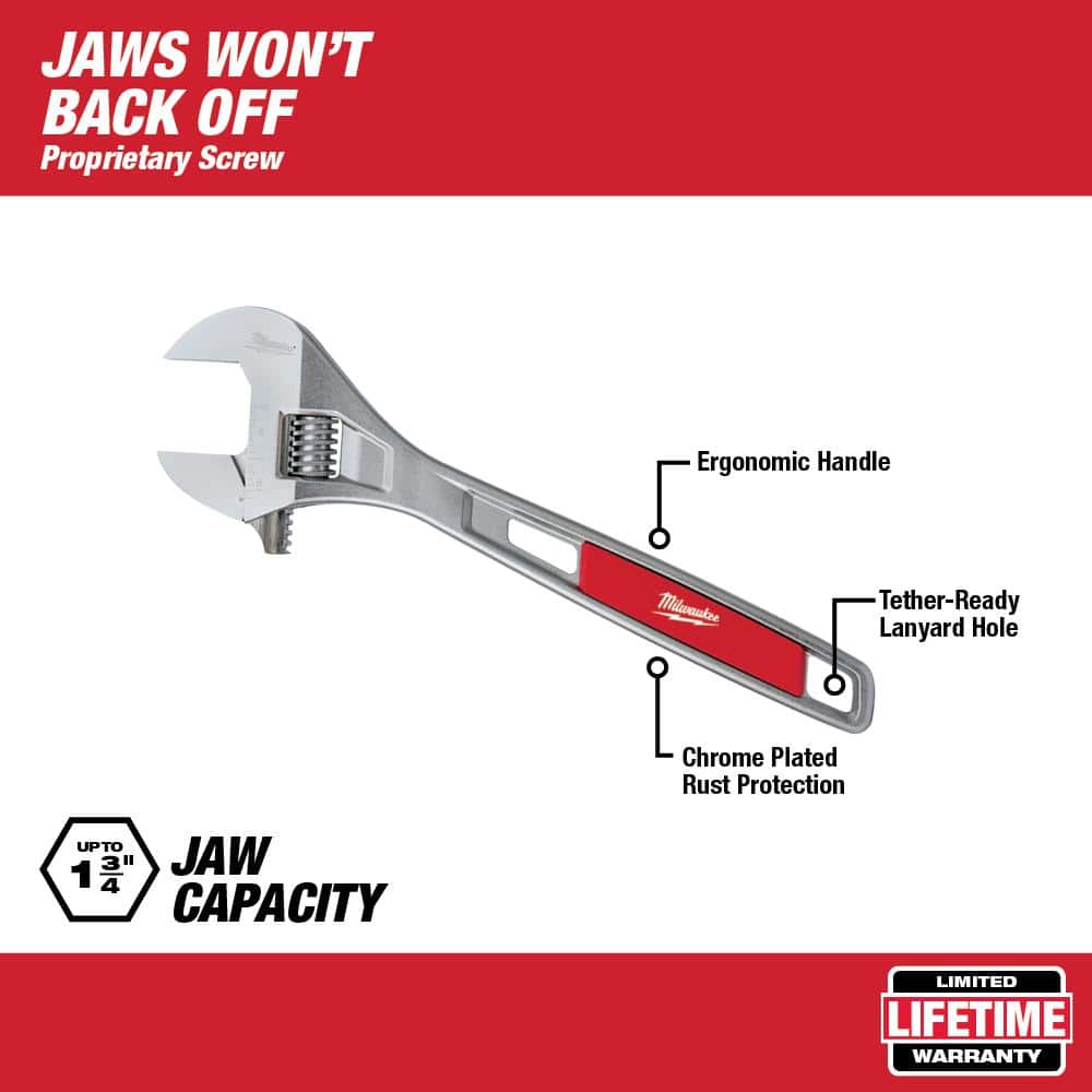 Milwaukee 12 in. Adjustable Wrench, Chrome-Plated Steel, 1-5/8 in. Jaw Capacity