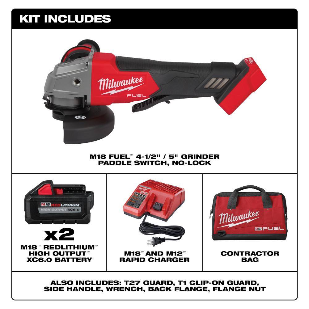 Milwaukee M18 FUEL 18V Lithium-Ion Brushless Cordless 4-1/2 in./5 in. Angle Grinder Paddle Switch Kit with (3) 6.0 Ah Batteries